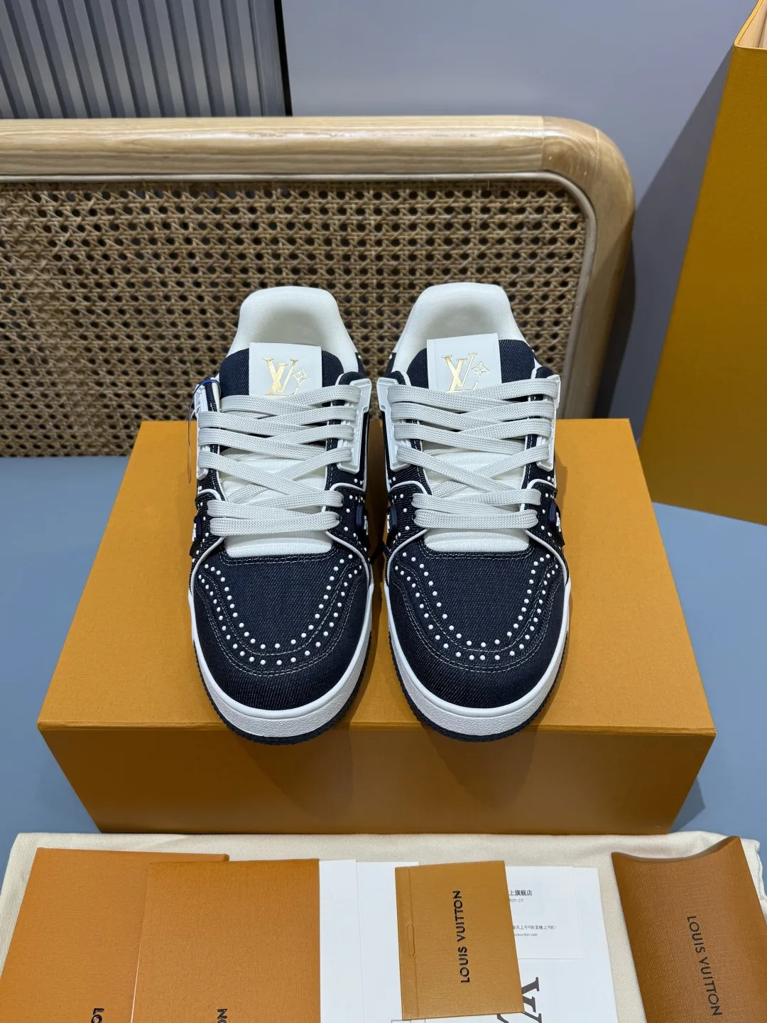 Bold Louis Vuitton Trainer Sneaker Navy Blue Studded –  Replica Shoes & Rep Footwear 387