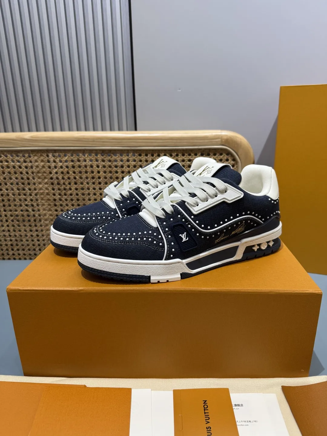 Bold Louis Vuitton Trainer Sneaker Navy Blue Studded –  Replica Shoes & Rep Footwear 387