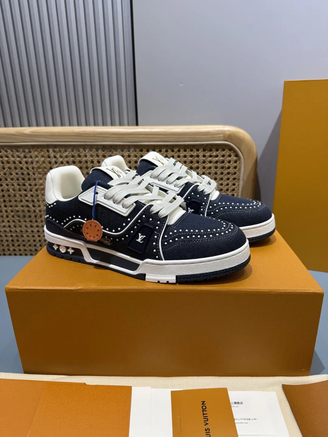 Bold Louis Vuitton Trainer Sneaker Navy Blue Studded –  Replica Shoes & Rep Footwear 387