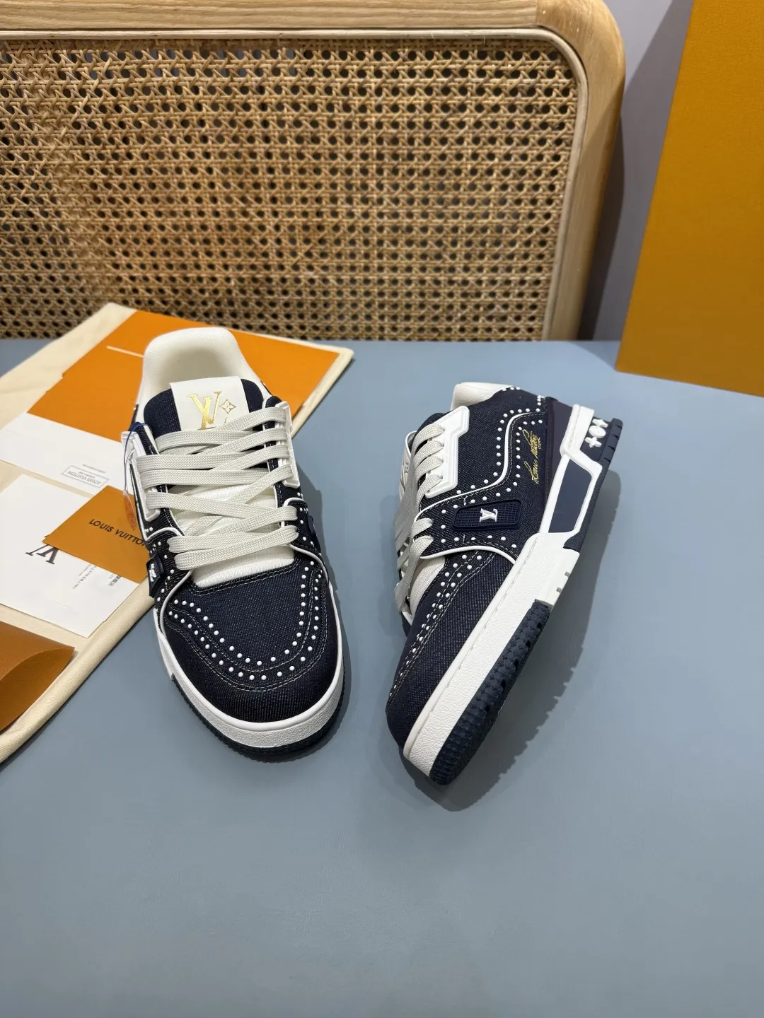 Bold Louis Vuitton Trainer Sneaker Navy Blue Studded –  Replica Shoes & Rep Footwear 387