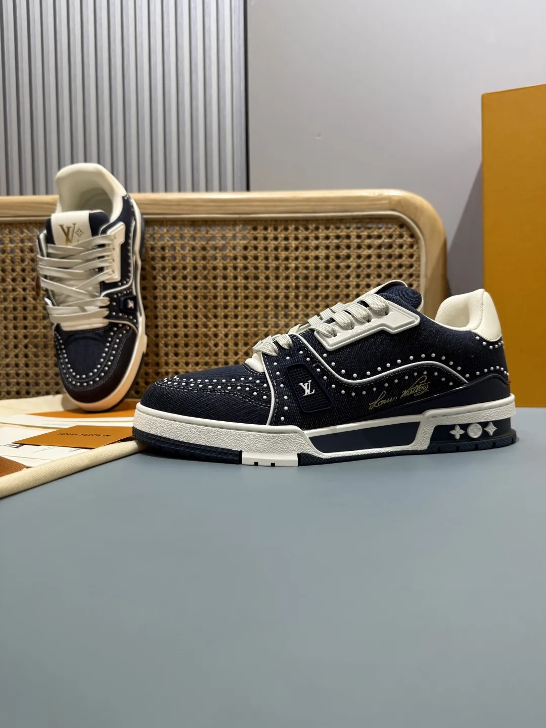 Bold Louis Vuitton Trainer Sneaker Navy Blue Studded –  Replica Shoes & Rep Footwear 387
