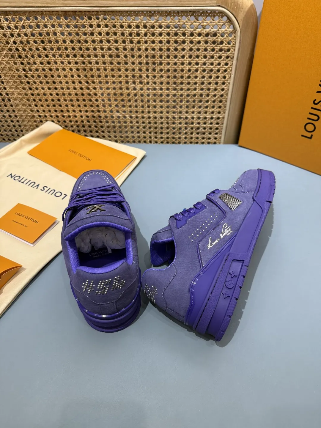 Sustainable Louis Vuitton Trainer Studded Purple Sneakers – Replica LV Edition with Rep Shoes Style 430