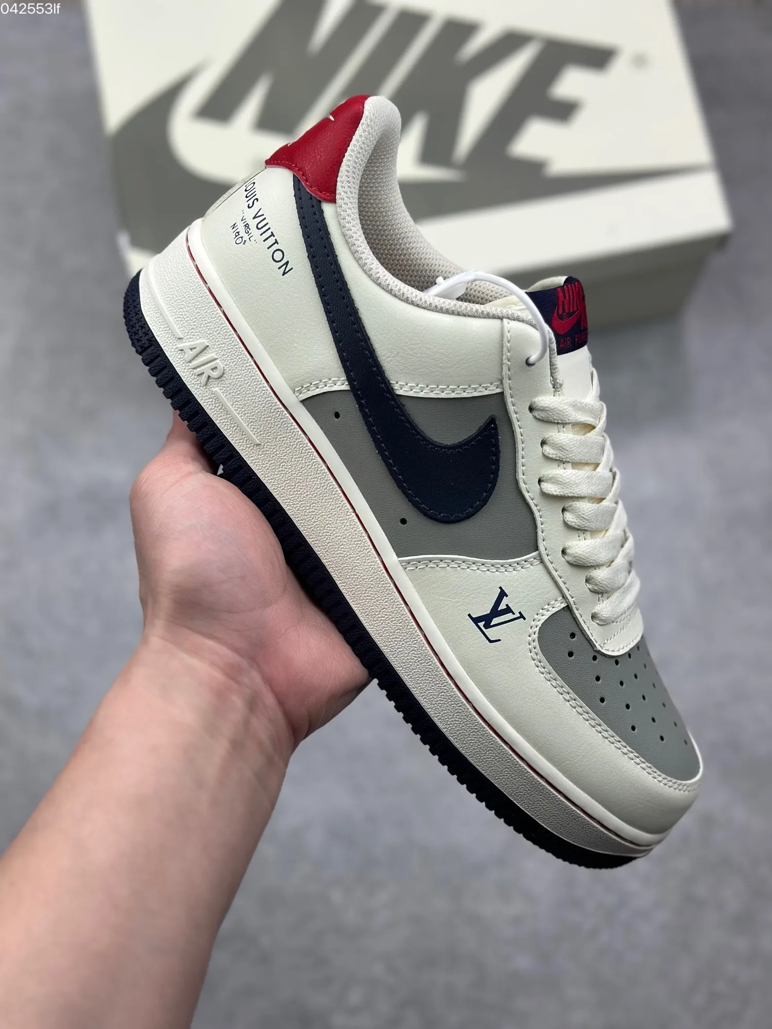 Nike Air Force 1 Low ’07 x Louis Vuitton White Navy Red Custom Rep Shoes – Best Replica Sneakers Durable 1001