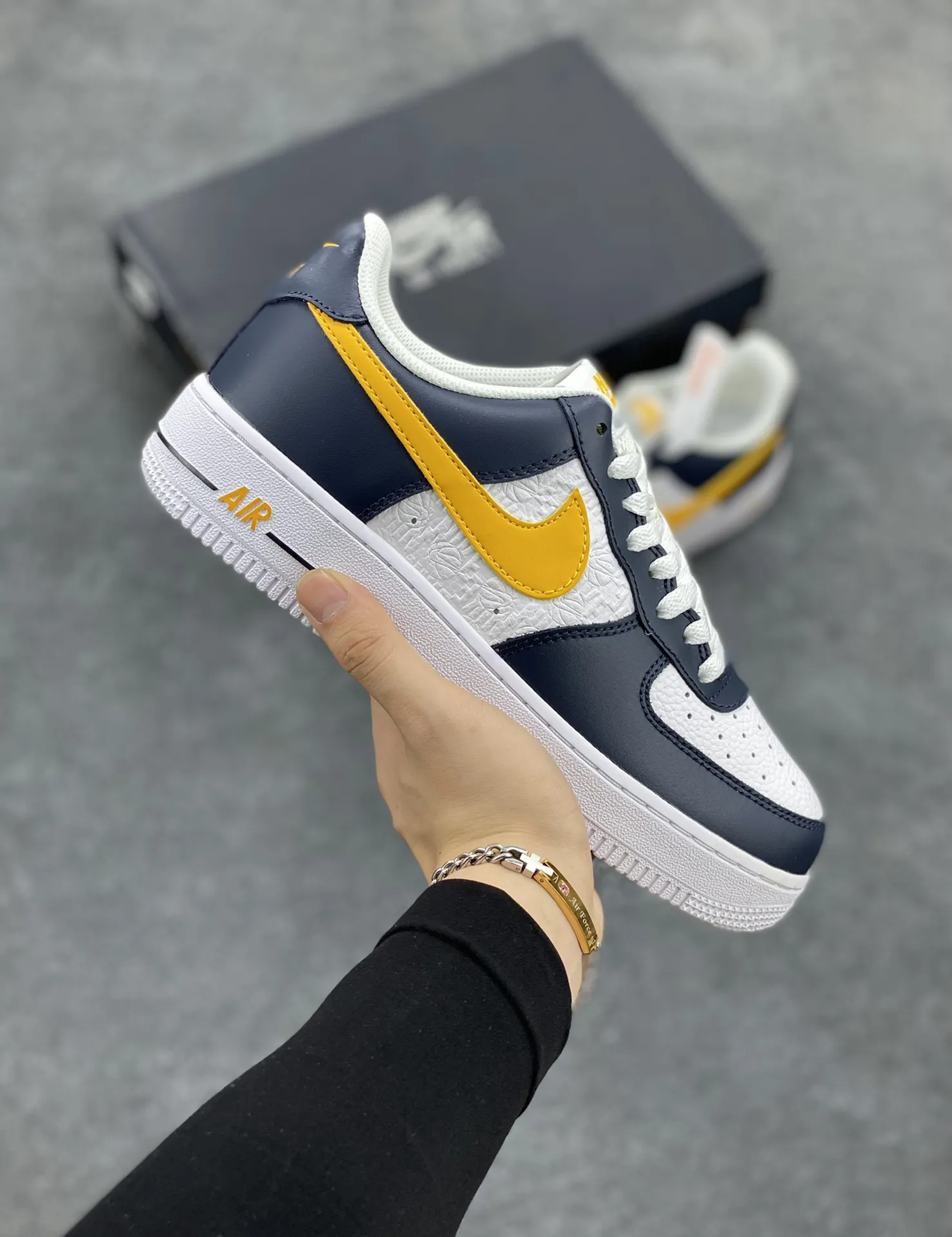 EyeCatching Nike Air Force 1 Low Embossed Navy White Yellow  Sneakers – Top Rep Shoes, Best Replica Sneakers, Authentic Design, Original Box, Multiple Sizes Available 1064