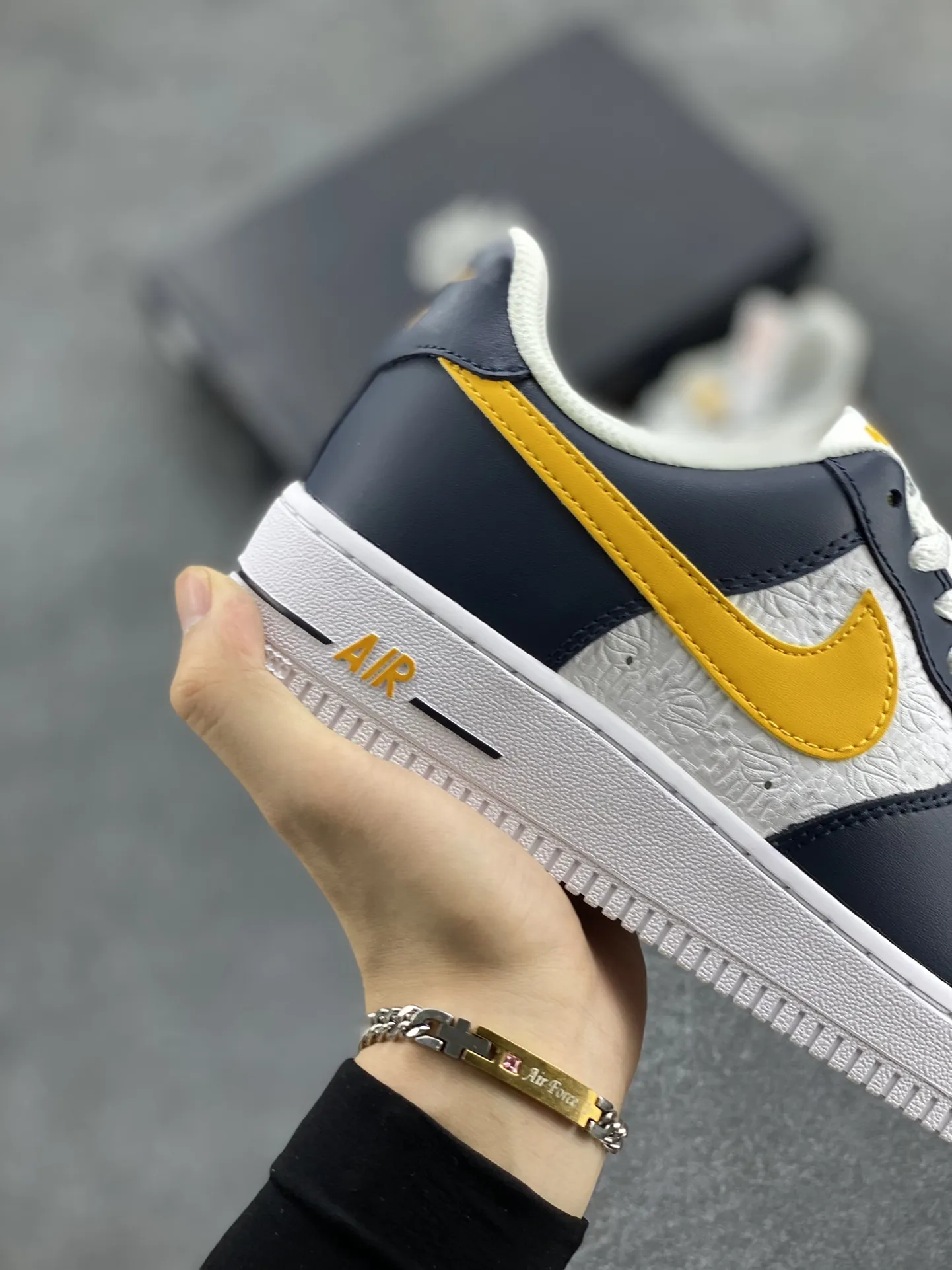 EyeCatching Nike Air Force 1 Low Embossed Navy White Yellow  Sneakers – Top Rep Shoes, Best Replica Sneakers, Authentic Design, Original Box, Multiple Sizes Available 1064