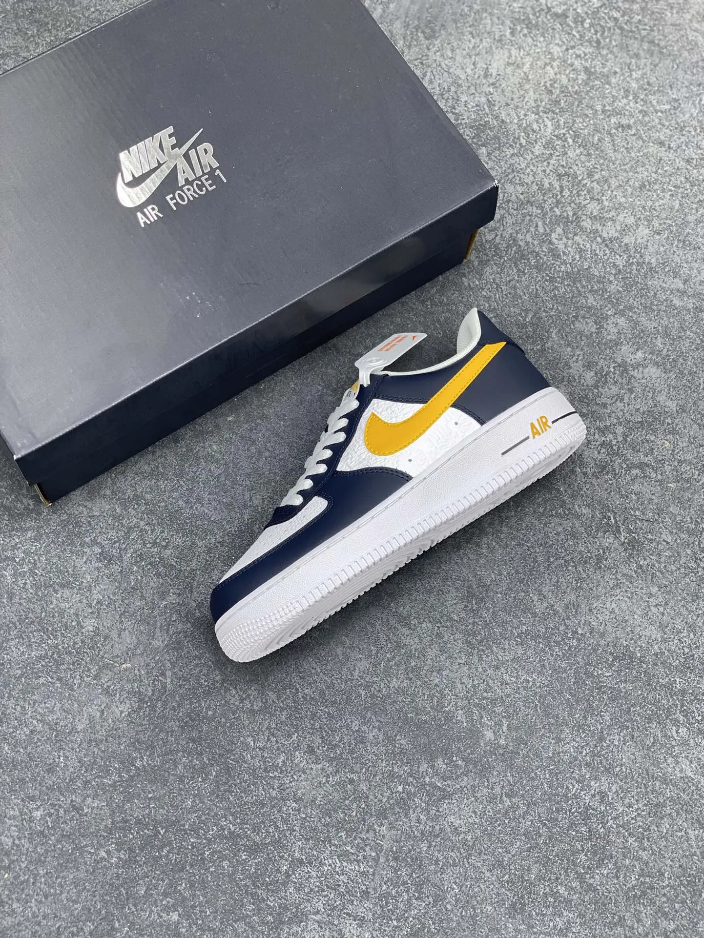 EyeCatching Nike Air Force 1 Low Embossed Navy White Yellow  Sneakers – Top Rep Shoes, Best Replica Sneakers, Authentic Design, Original Box, Multiple Sizes Available 1064