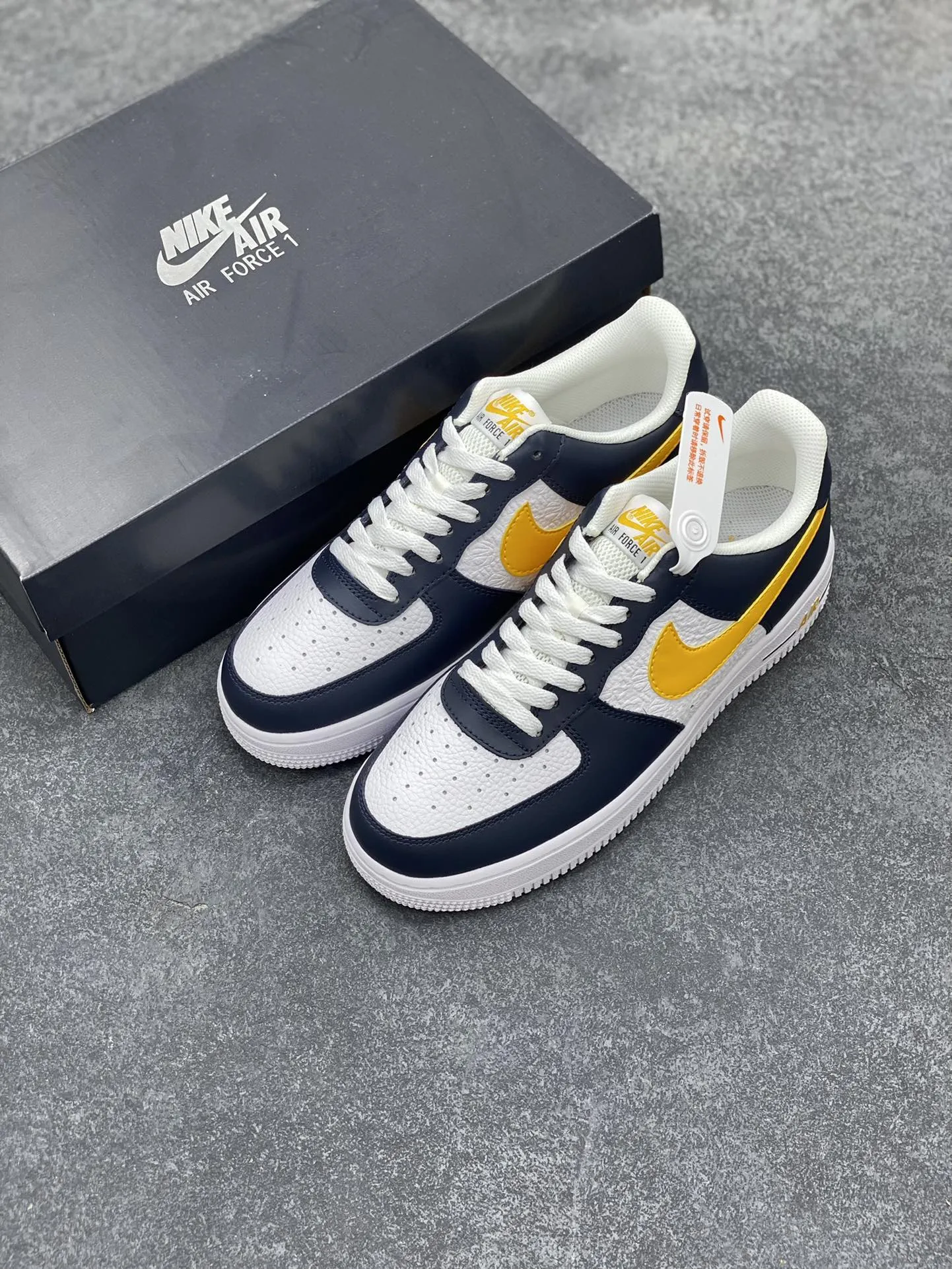 EyeCatching Nike Air Force 1 Low Embossed Navy White Yellow  Sneakers – Top Rep Shoes, Best Replica Sneakers, Authentic Design, Original Box, Multiple Sizes Available 1064