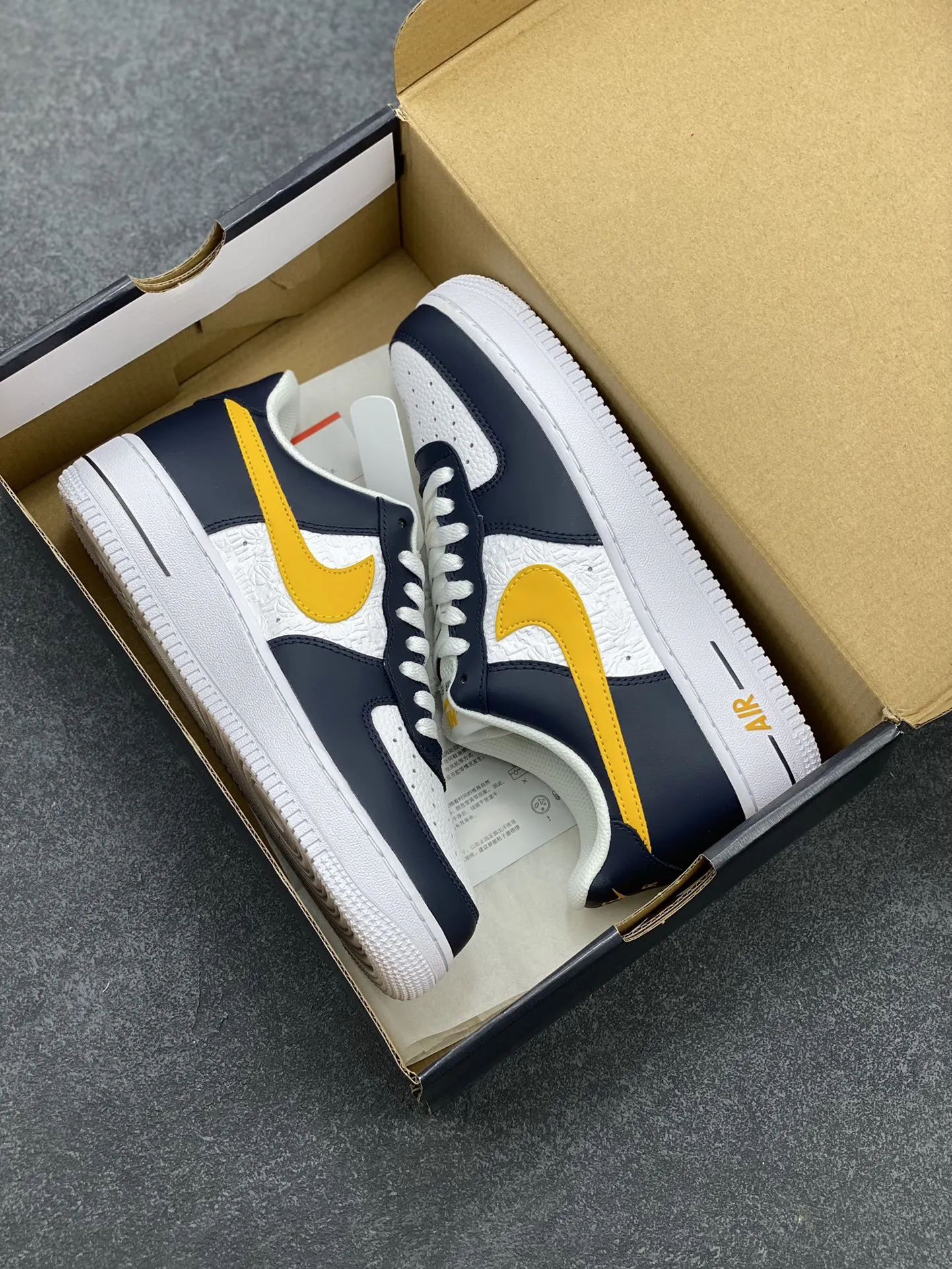 EyeCatching Nike Air Force 1 Low Embossed Navy White Yellow  Sneakers – Top Rep Shoes, Best Replica Sneakers, Authentic Design, Original Box, Multiple Sizes Available 1064