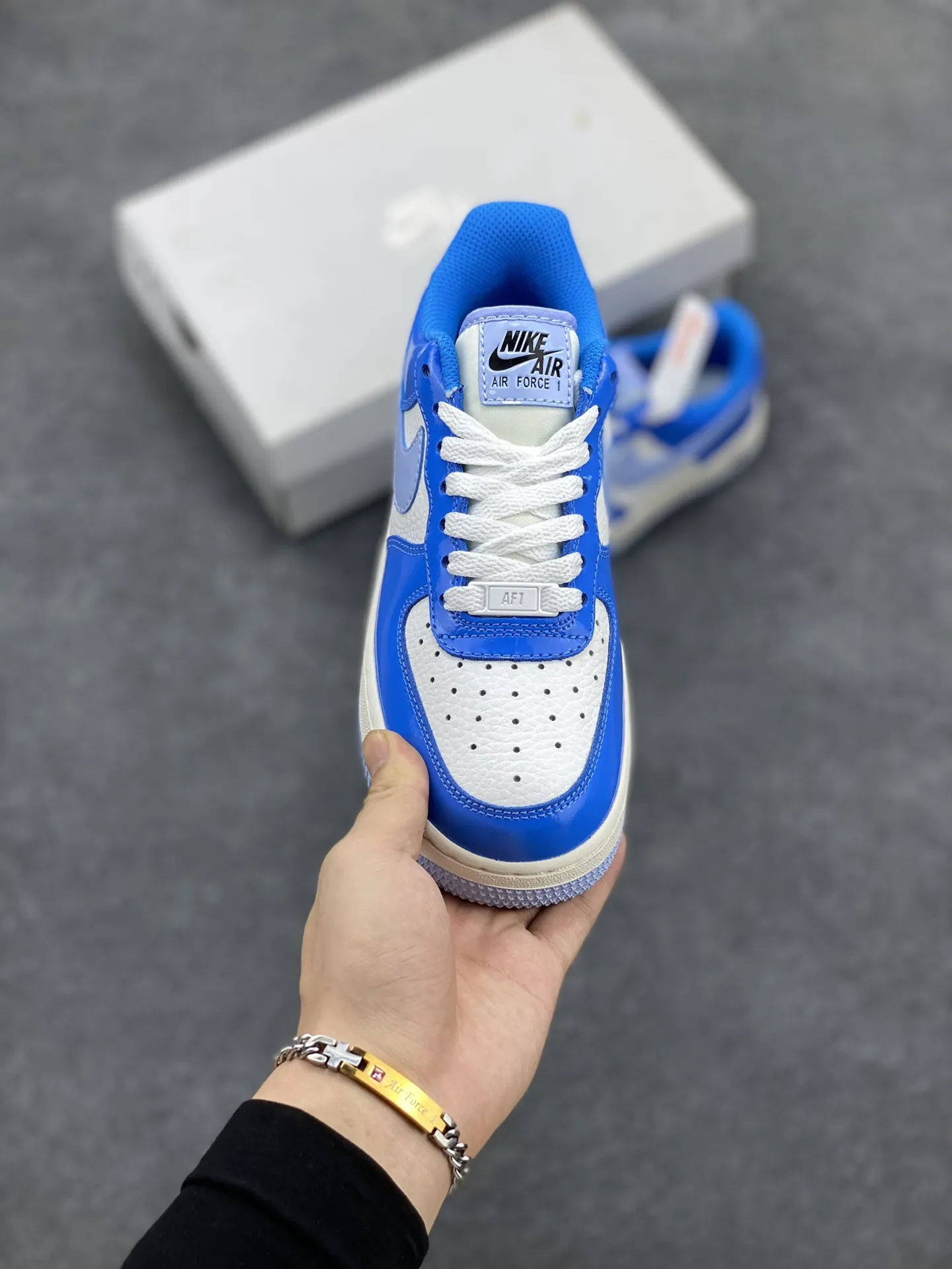 Nike Air Force 1 Low White Blue Patent Leather  Sneakers – Top Rep Shoes & Best Replica Sneakers with Original Box and Accessories DailyWear 1054