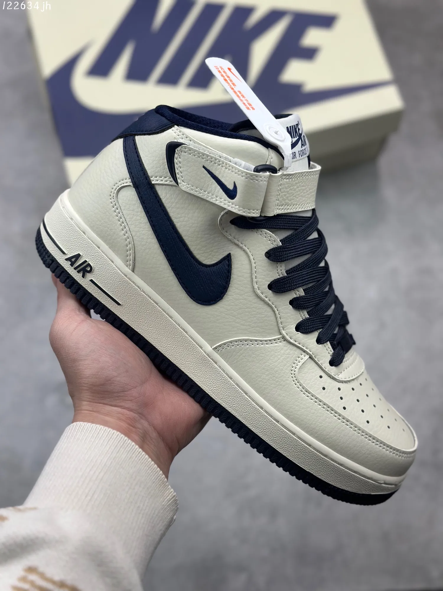 Nike Air Force 1 MID “Rice Deep Blue” High-Top  Sneakers – Cream Blue, Custom Leather, Authentic Air Force Style, Full-Length Air Sole, High Quality Rep Shoes, Nike Replica (Includes Marker for Customization) – PA0920- Trendy 1083