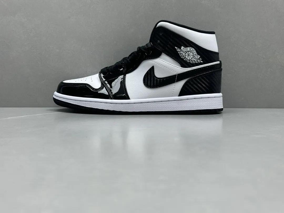Nike Air Jordan 1 Mid ‘Panda’ – Black White Patent Leather, High-Top Rep Shoes, Replica Sneakers, Sizes 36-46 (Including Half Sizes Comfortable 1209
