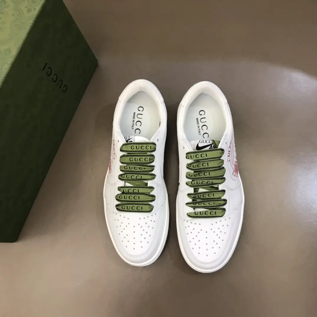 Upgraded Nike x Gucci Low-Top Lace-Up  Sneakers – White with Green Accents, High Quality Replica Shoes, Gucci Replica, Sizes 38- 834