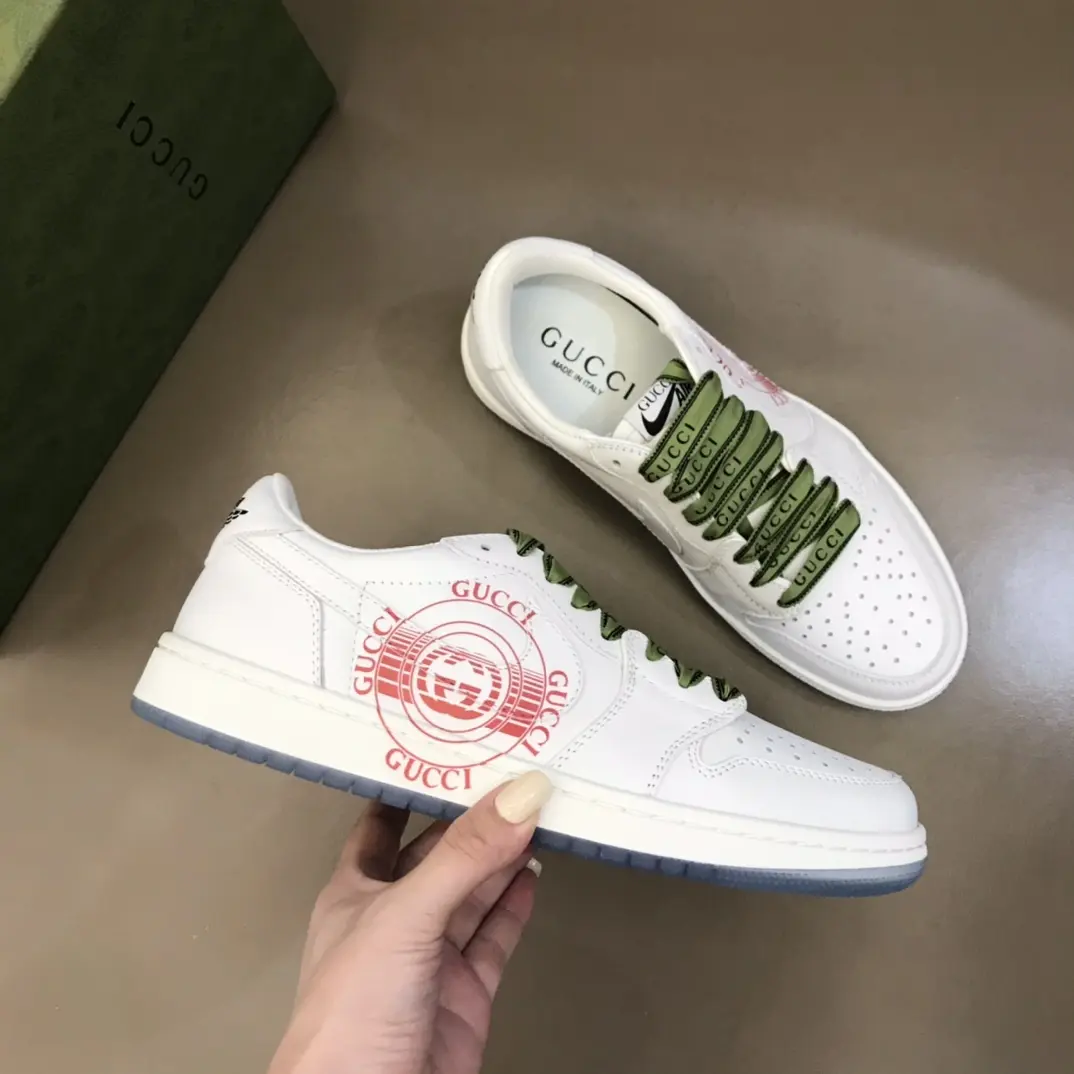Upgraded Nike x Gucci Low-Top Lace-Up  Sneakers – White with Green Accents, High Quality Replica Shoes, Gucci Replica, Sizes 38- 834