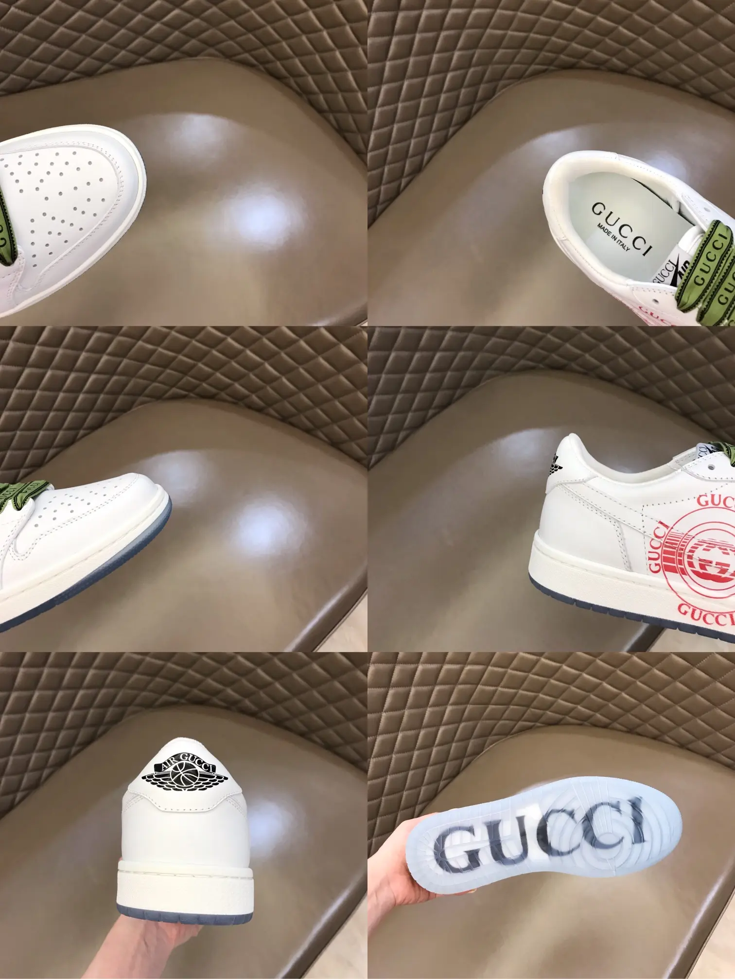 Upgraded Nike x Gucci Low-Top Lace-Up  Sneakers – White with Green Accents, High Quality Replica Shoes, Gucci Replica, Sizes 38- 834