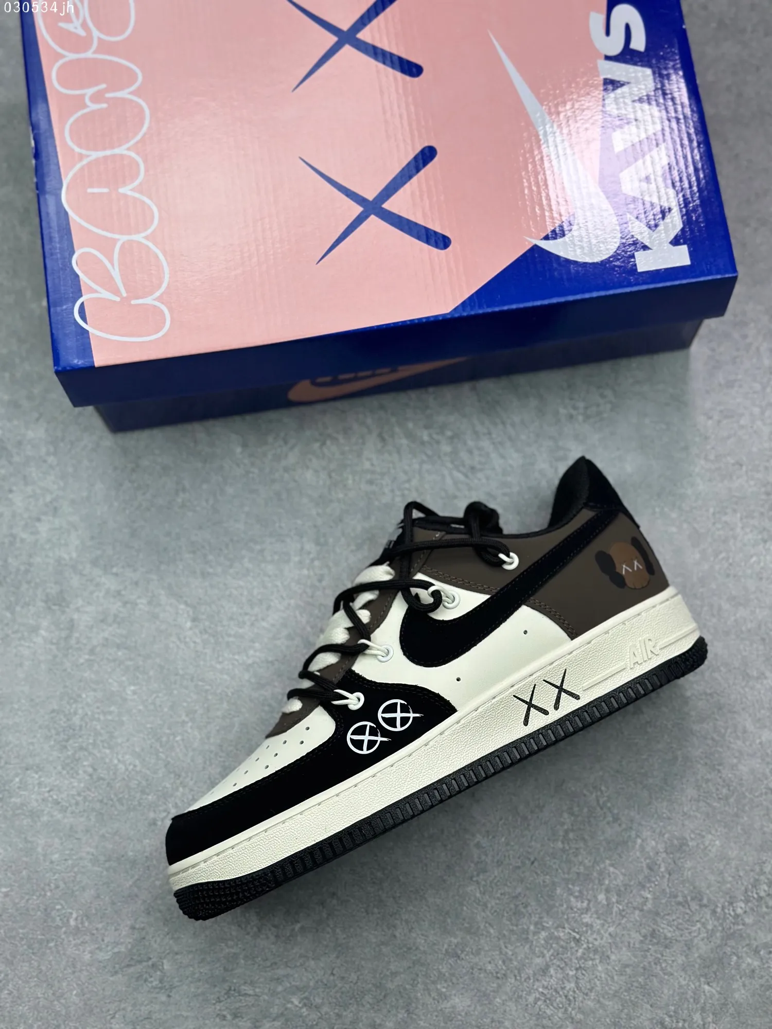 Stretchable Nike x Kaws Air Force 1 Custom Strap Sneakers – Wheat Black Brown – High Quality Replica Shoes with Rep Design 1082