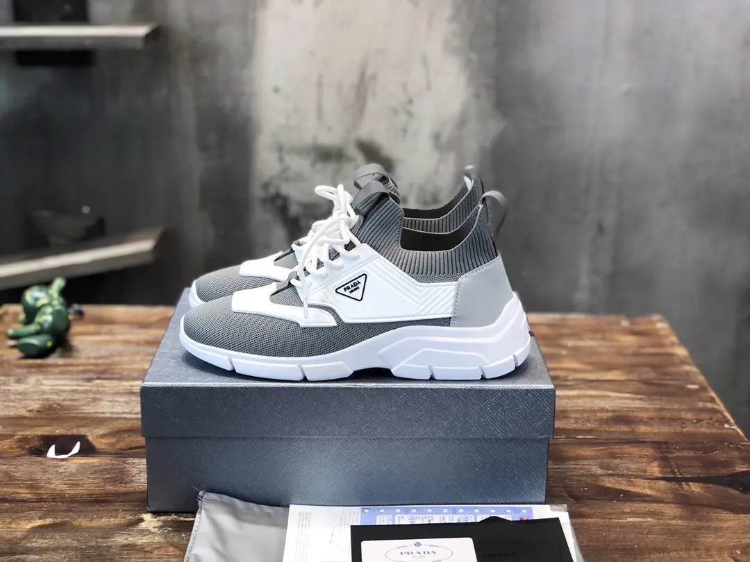 OdorResistant PRADA Men’s 2022 Grey and White Flyknit Sneakers – Replica Prada Edition, High Quality Prada Sneakers Replica, Sizes 38- 165