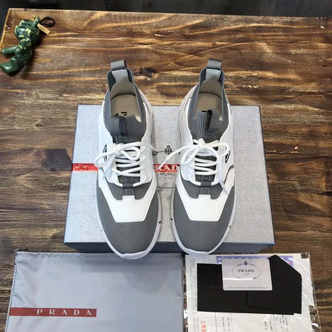 OdorResistant PRADA Men’s 2022 Grey and White Flyknit Sneakers – Replica Prada Edition, High Quality Prada Sneakers Replica, Sizes 38- 165