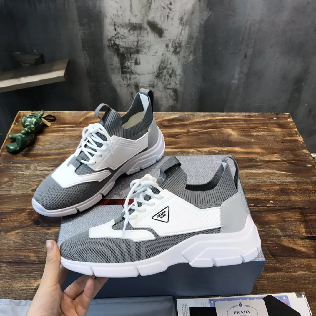 OdorResistant PRADA Men’s 2022 Grey and White Flyknit Sneakers – Replica Prada Edition, High Quality Prada Sneakers Replica, Sizes 38- 165