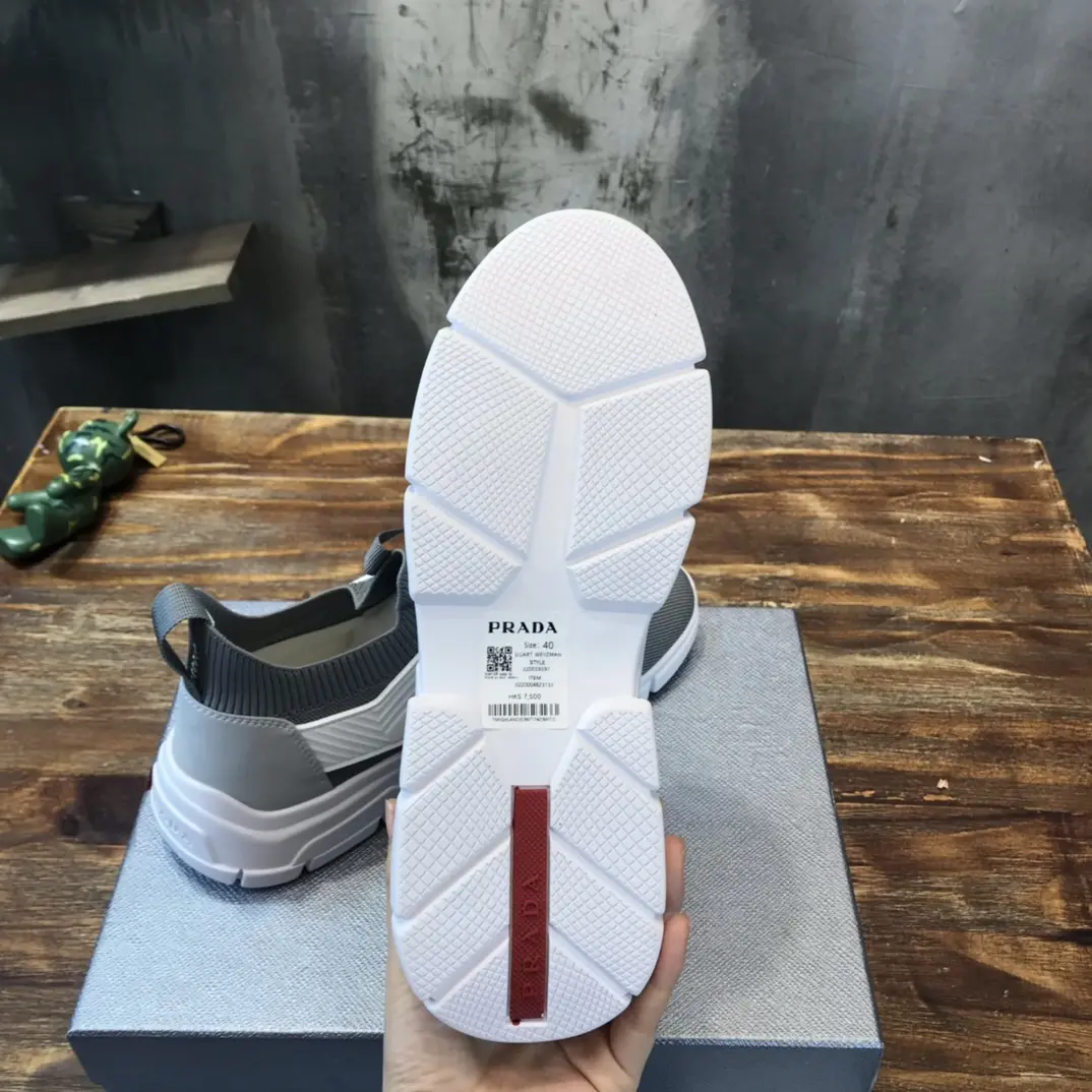 OdorResistant PRADA Men’s 2022 Grey and White Flyknit Sneakers – Replica Prada Edition, High Quality Prada Sneakers Replica, Sizes 38- 165