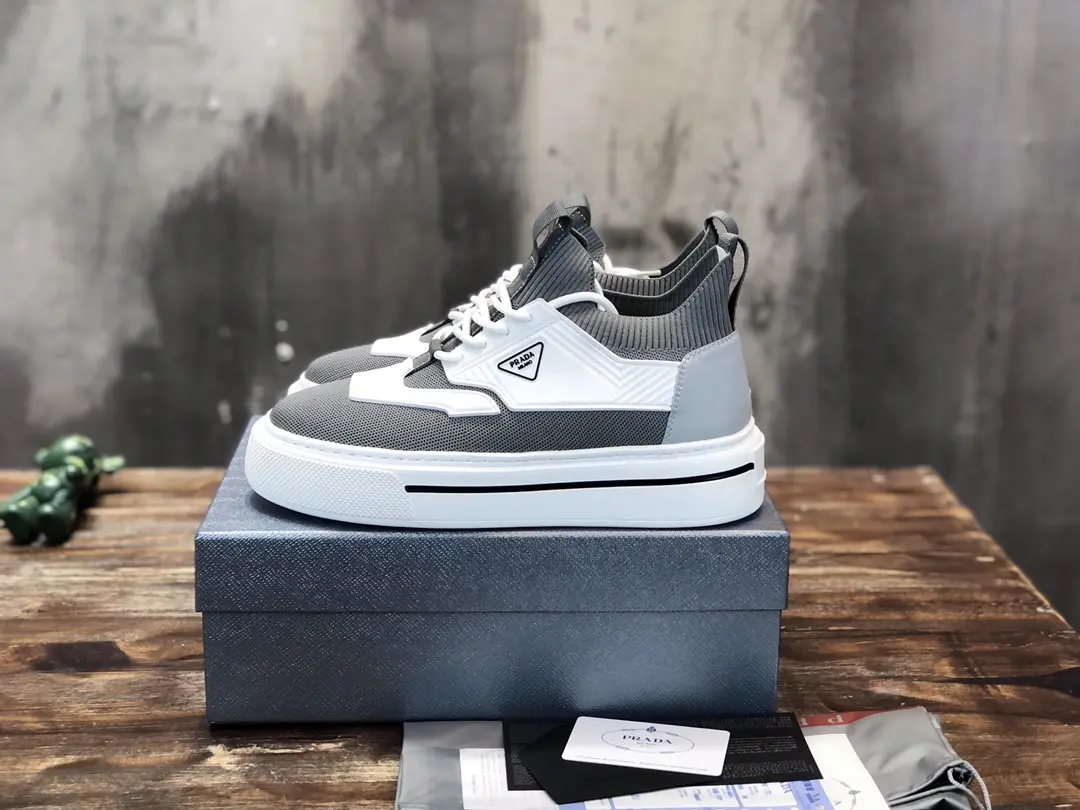 PRADA Men’s High-Top Chunky Sneakers in Grey and White – Re-Nylon and Patent Leather with High Quality Replica Prada Design Premium 166