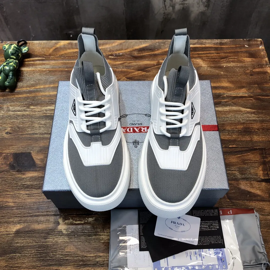 PRADA Men’s High-Top Chunky Sneakers in Grey and White – Re-Nylon and Patent Leather with High Quality Replica Prada Design Premium 166