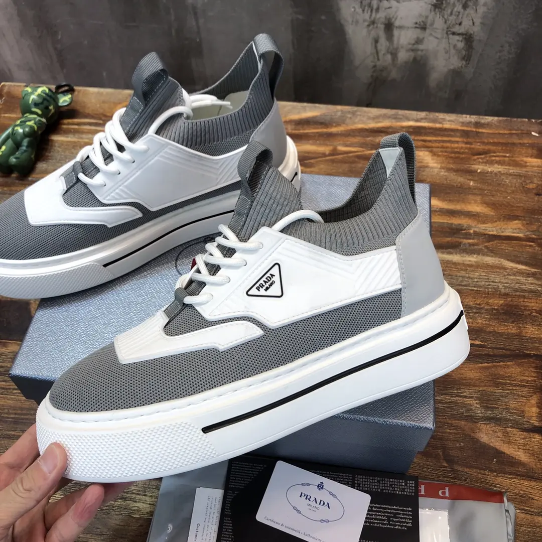 PRADA Men’s High-Top Chunky Sneakers in Grey and White – Re-Nylon and Patent Leather with High Quality Replica Prada Design Premium 166