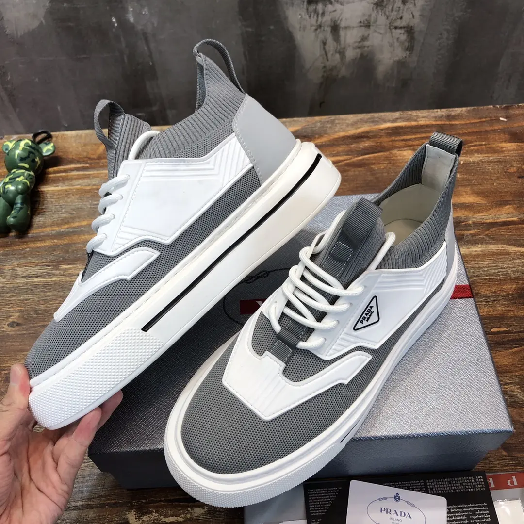 PRADA Men’s High-Top Chunky Sneakers in Grey and White – Re-Nylon and Patent Leather with High Quality Replica Prada Design Premium 166