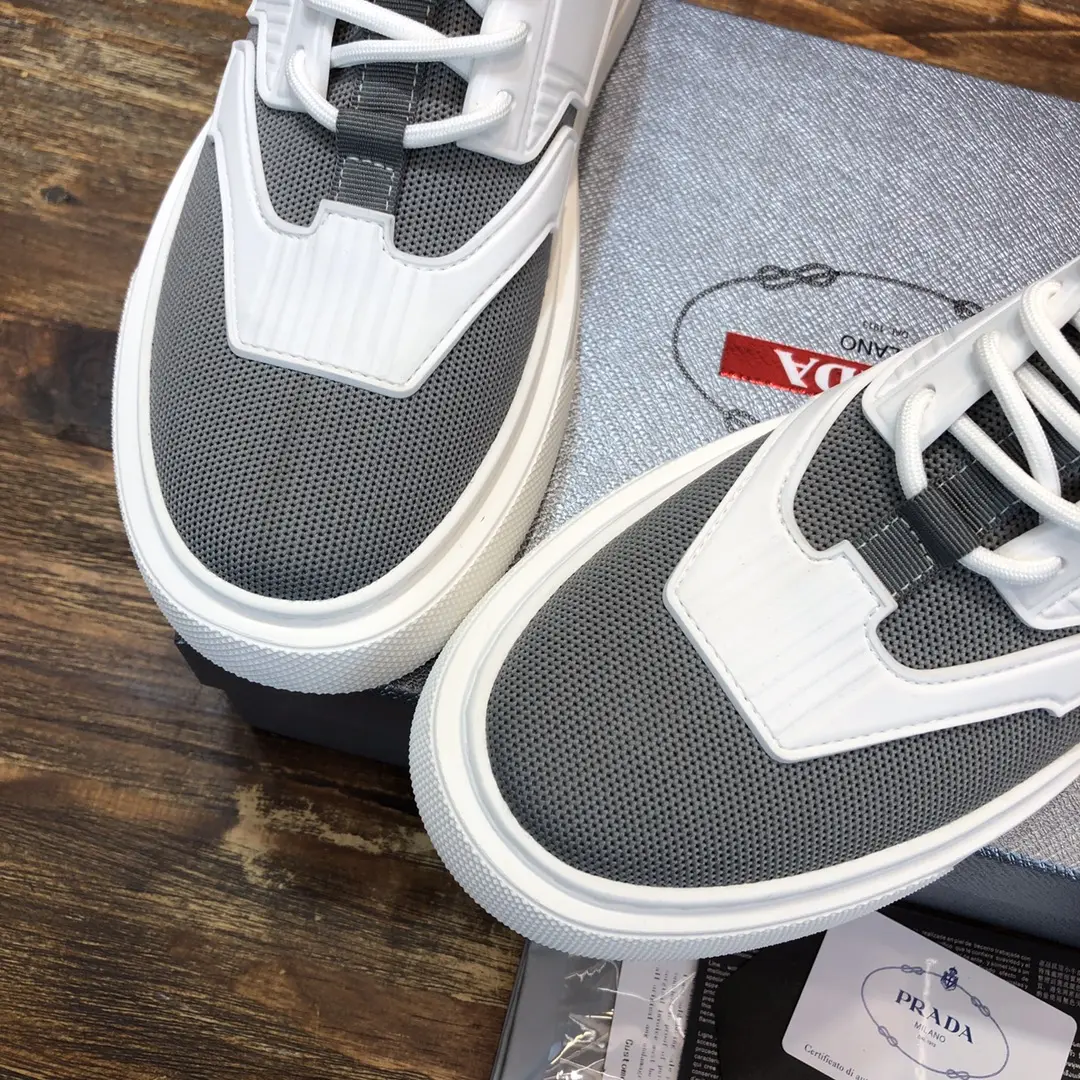 PRADA Men’s High-Top Chunky Sneakers in Grey and White – Re-Nylon and Patent Leather with High Quality Replica Prada Design Premium 166