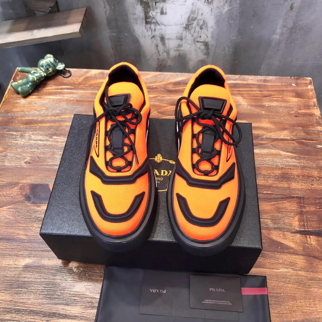 PRADA Men’s Orange High-Top Chunky Sneakers with Re-Nylon and Patent Leather – P390 Style, 1:1 Replica Sneakers, High Quality Prada Sneakers Replica Durable 170