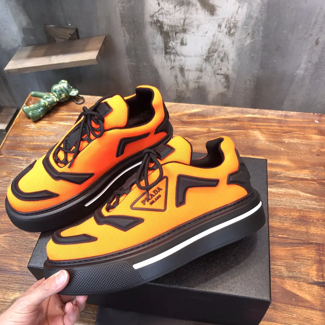 PRADA Men’s Orange High-Top Chunky Sneakers with Re-Nylon and Patent Leather – P390 Style, 1:1 Replica Sneakers, High Quality Prada Sneakers Replica Durable 170
