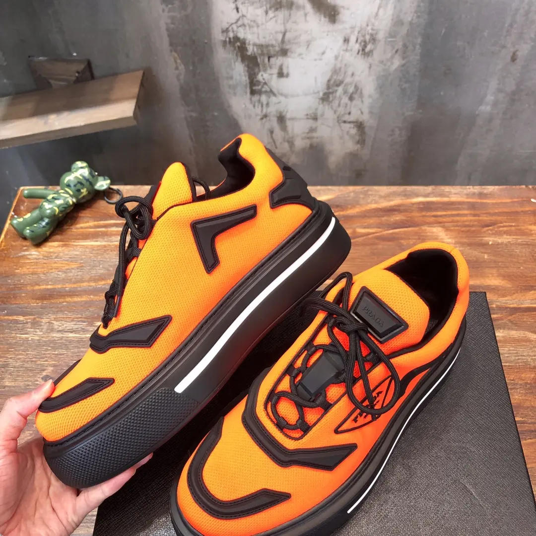 PRADA Men’s Orange High-Top Chunky Sneakers with Re-Nylon and Patent Leather – P390 Style, 1:1 Replica Sneakers, High Quality Prada Sneakers Replica Durable 170