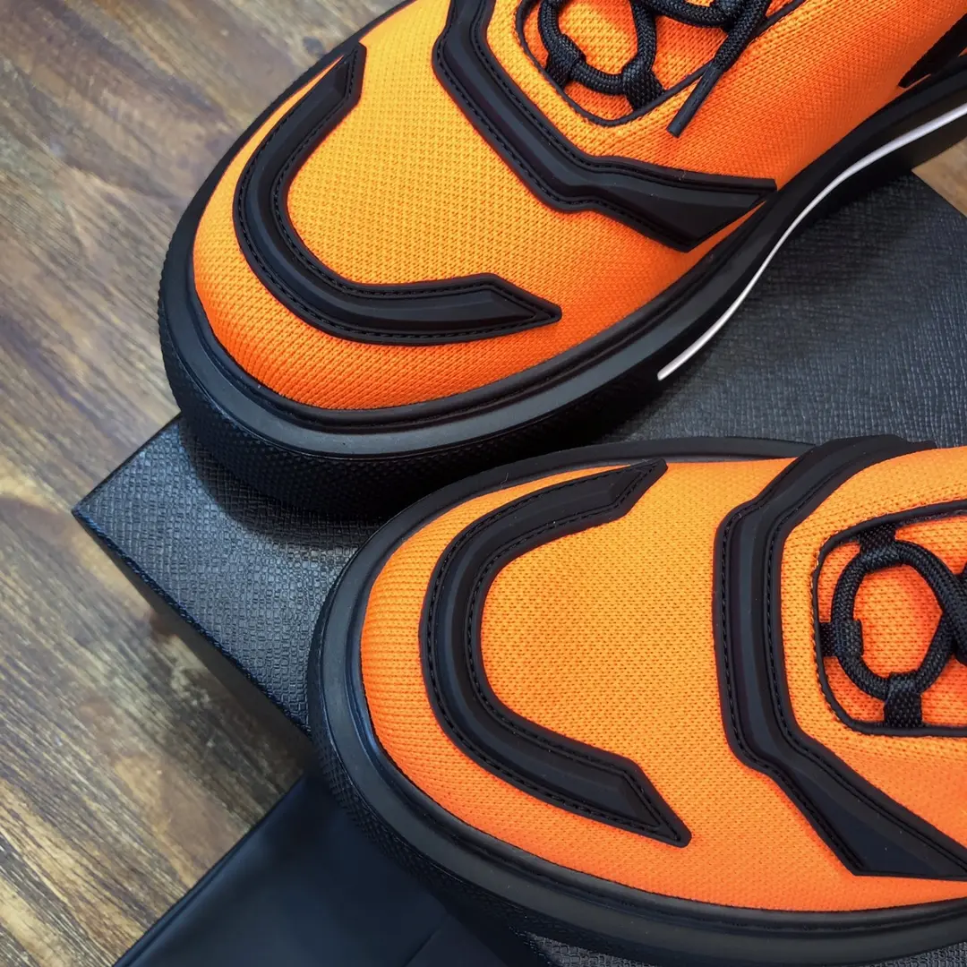 PRADA Men’s Orange High-Top Chunky Sneakers with Re-Nylon and Patent Leather – P390 Style, 1:1 Replica Sneakers, High Quality Prada Sneakers Replica Durable 170