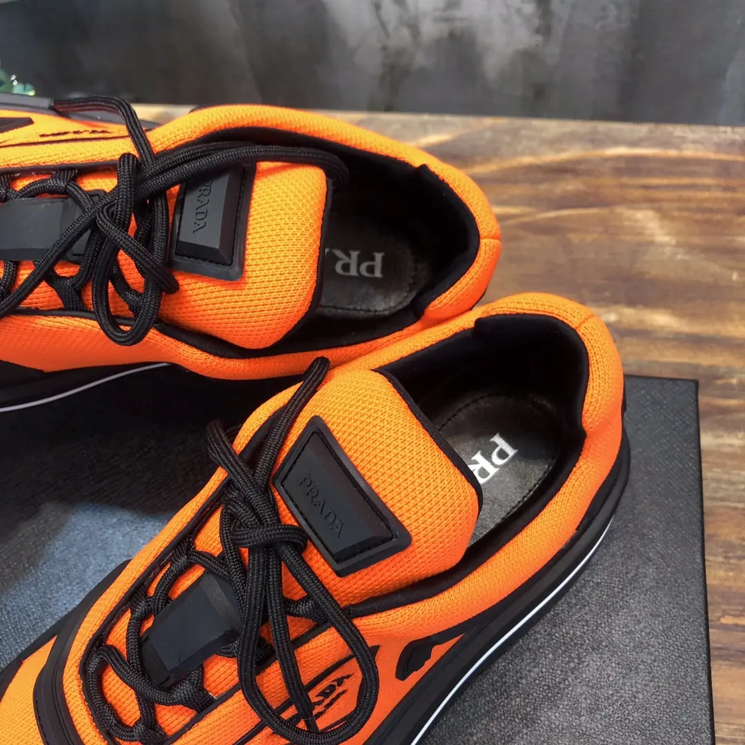 PRADA Men’s Orange High-Top Chunky Sneakers with Re-Nylon and Patent Leather – P390 Style, 1:1 Replica Sneakers, High Quality Prada Sneakers Replica Durable 170