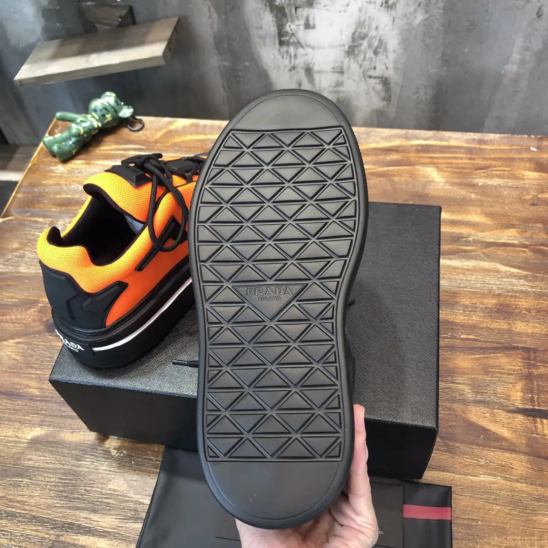 PRADA Men’s Orange High-Top Chunky Sneakers with Re-Nylon and Patent Leather – P390 Style, 1:1 Replica Sneakers, High Quality Prada Sneakers Replica Durable 170