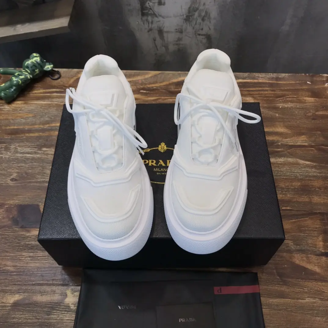 PRADA Men’s White High-Top Chunky Sneakers with Re-Nylon and Leather – Replica Prada Shoes High Quality New Arrival ZipUp 174