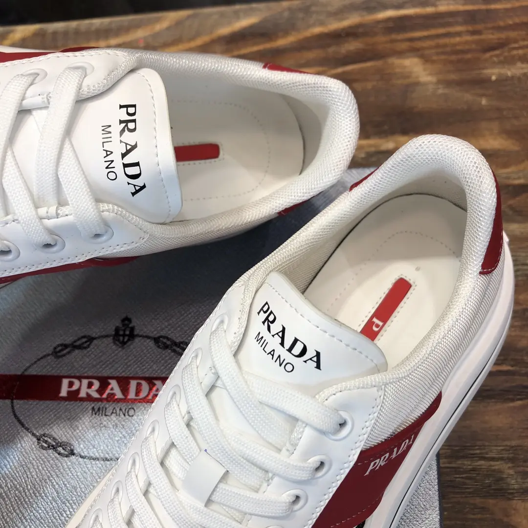 PRADA Men’s White and Red High-Top Chunky Sneakers with Re-Nylon – Replica Prada Shoes 1:1 Quality New Arrival Lightweight 169