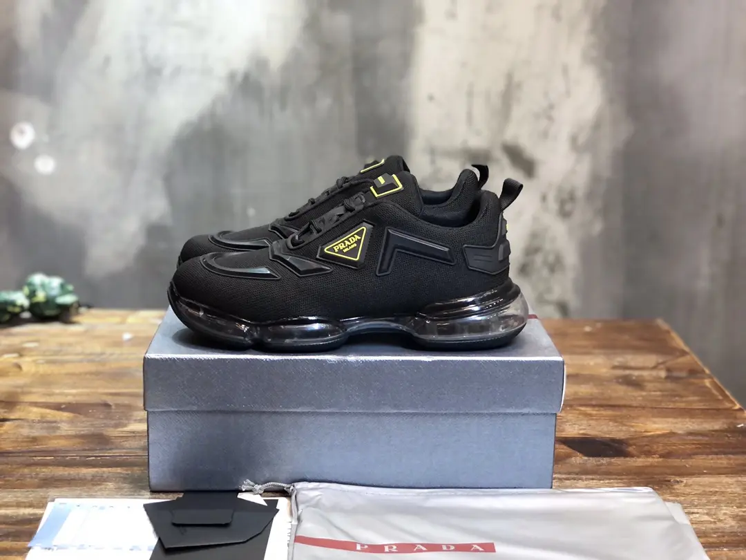 Prada  Cushion Sneakers – Black with Yellow Accents, Men’s Size 38-45, Premium Imported Nylon and Leather Lining, High Quality Replica Prada Shoes Refined 201