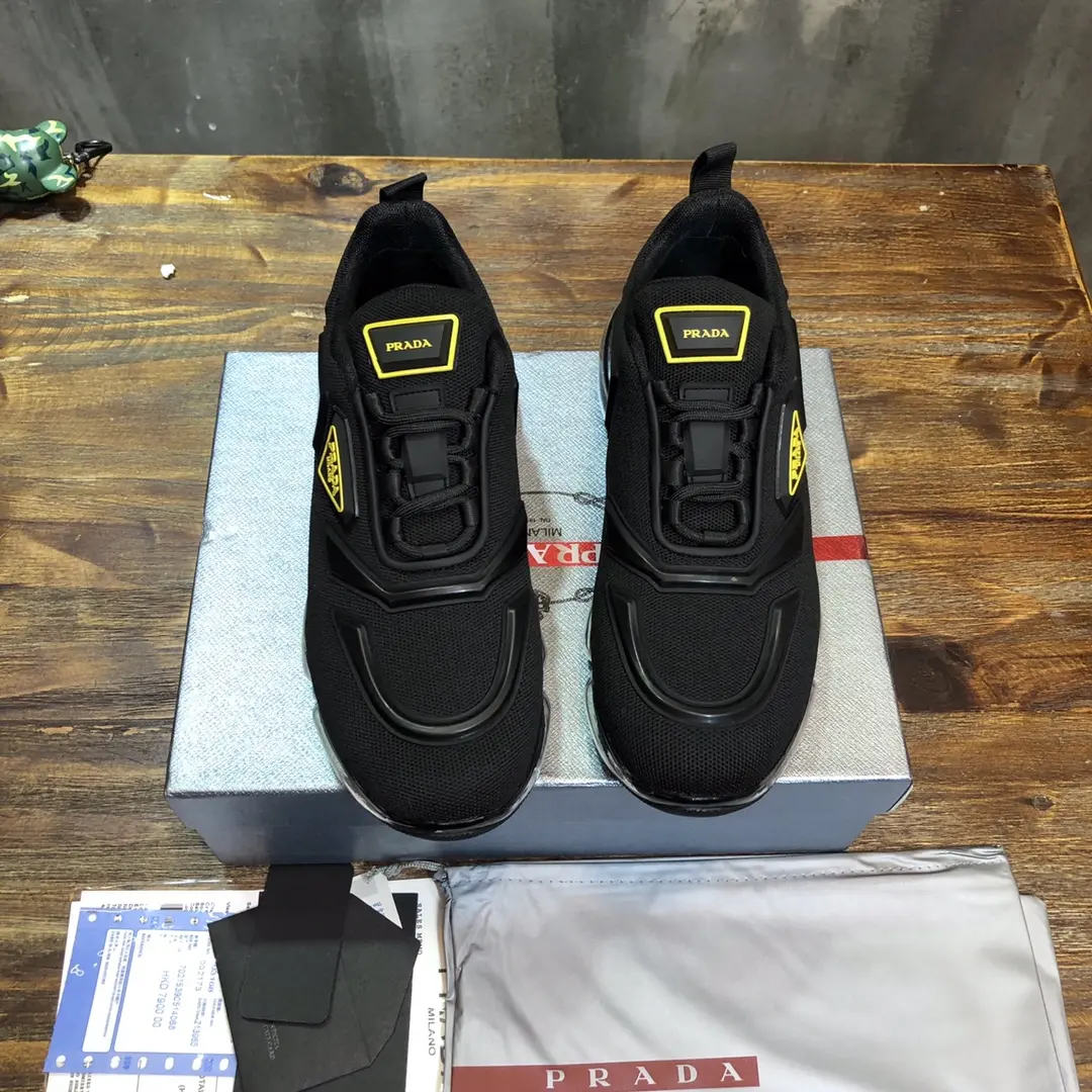 Prada  Cushion Sneakers – Black with Yellow Accents, Men’s Size 38-45, Premium Imported Nylon and Leather Lining, High Quality Replica Prada Shoes Refined 201
