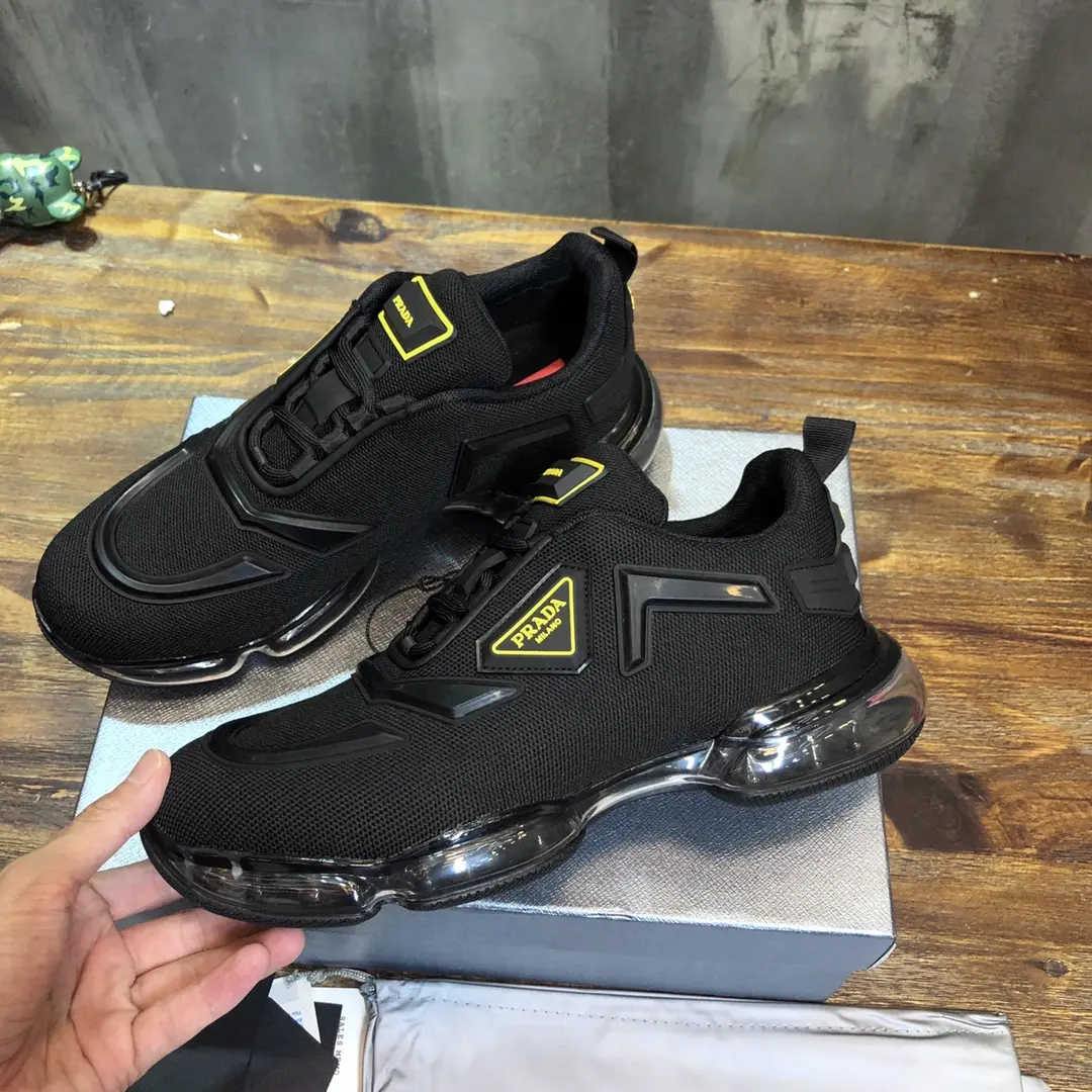 Prada  Cushion Sneakers – Black with Yellow Accents, Men’s Size 38-45, Premium Imported Nylon and Leather Lining, High Quality Replica Prada Shoes Refined 201