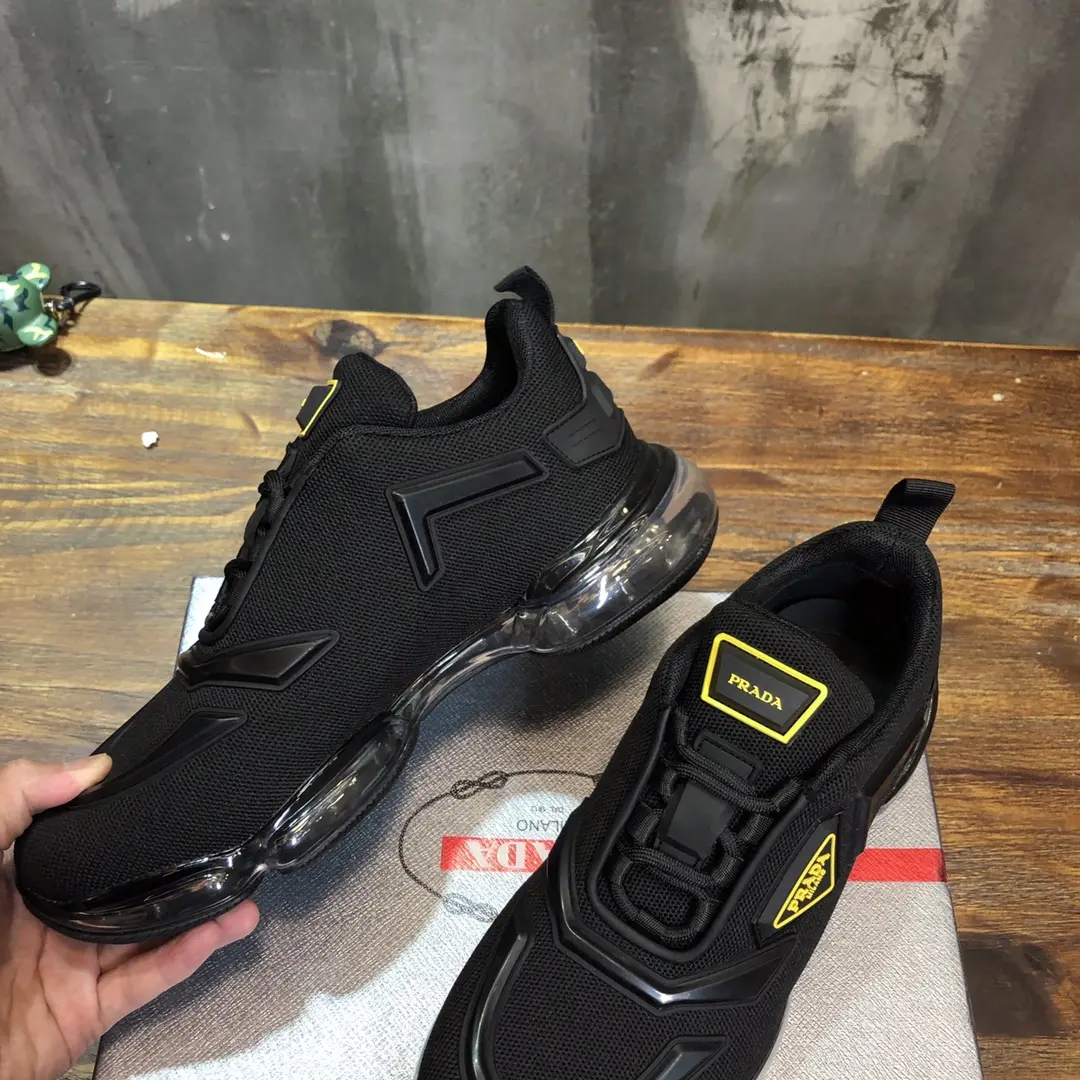 Prada  Cushion Sneakers – Black with Yellow Accents, Men’s Size 38-45, Premium Imported Nylon and Leather Lining, High Quality Replica Prada Shoes Refined 201