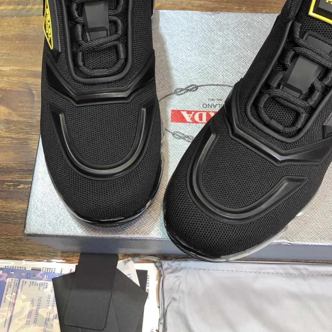 Prada  Cushion Sneakers – Black with Yellow Accents, Men’s Size 38-45, Premium Imported Nylon and Leather Lining, High Quality Replica Prada Shoes Refined 201