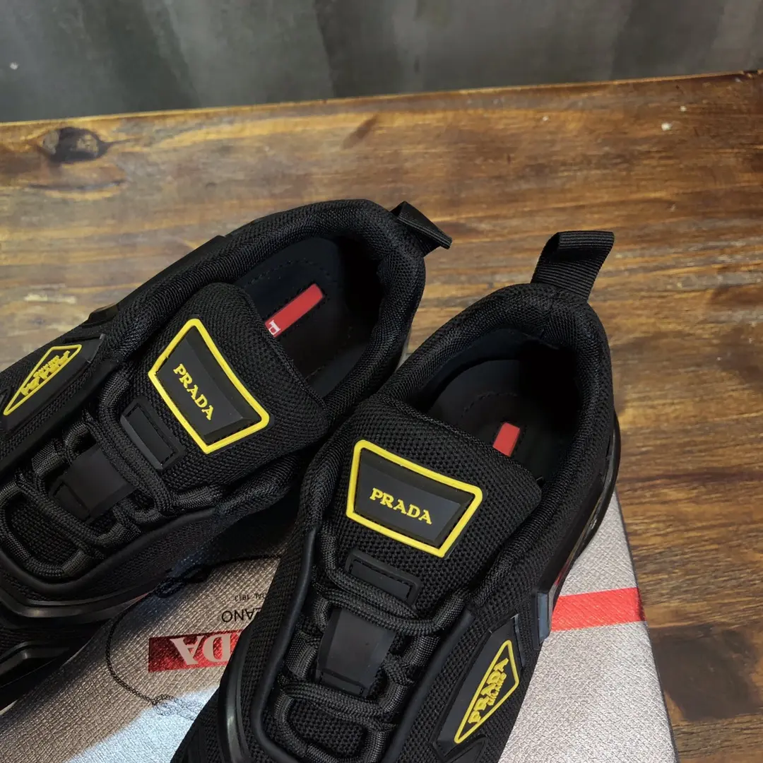 Prada  Cushion Sneakers – Black with Yellow Accents, Men’s Size 38-45, Premium Imported Nylon and Leather Lining, High Quality Replica Prada Shoes Refined 201