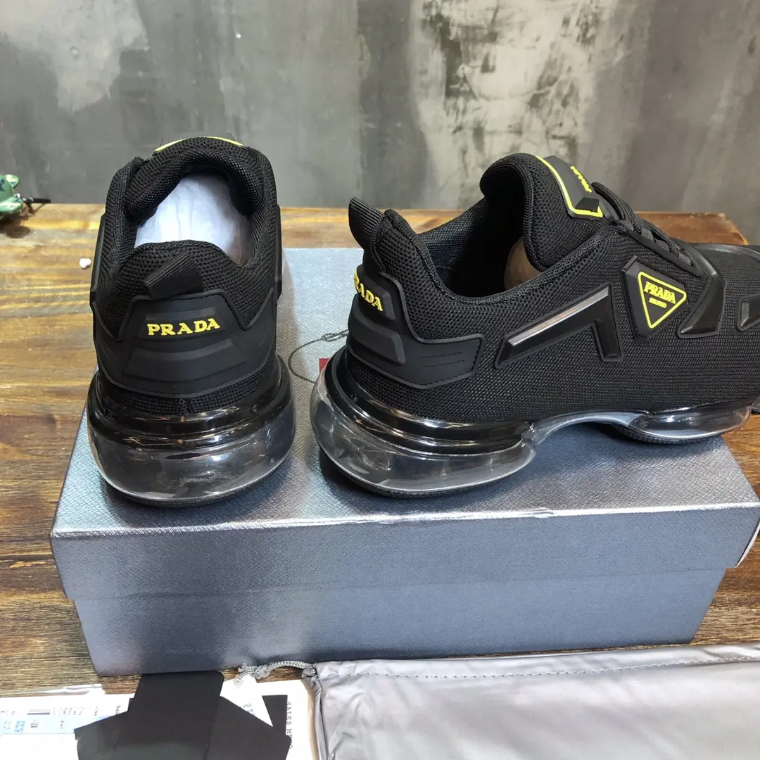 Prada  Cushion Sneakers – Black with Yellow Accents, Men’s Size 38-45, Premium Imported Nylon and Leather Lining, High Quality Replica Prada Shoes Refined 201