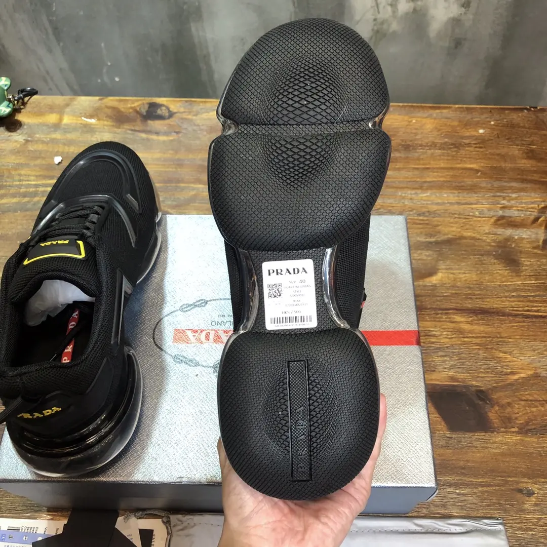 Prada  Cushion Sneakers – Black with Yellow Accents, Men’s Size 38-45, Premium Imported Nylon and Leather Lining, High Quality Replica Prada Shoes Refined 201