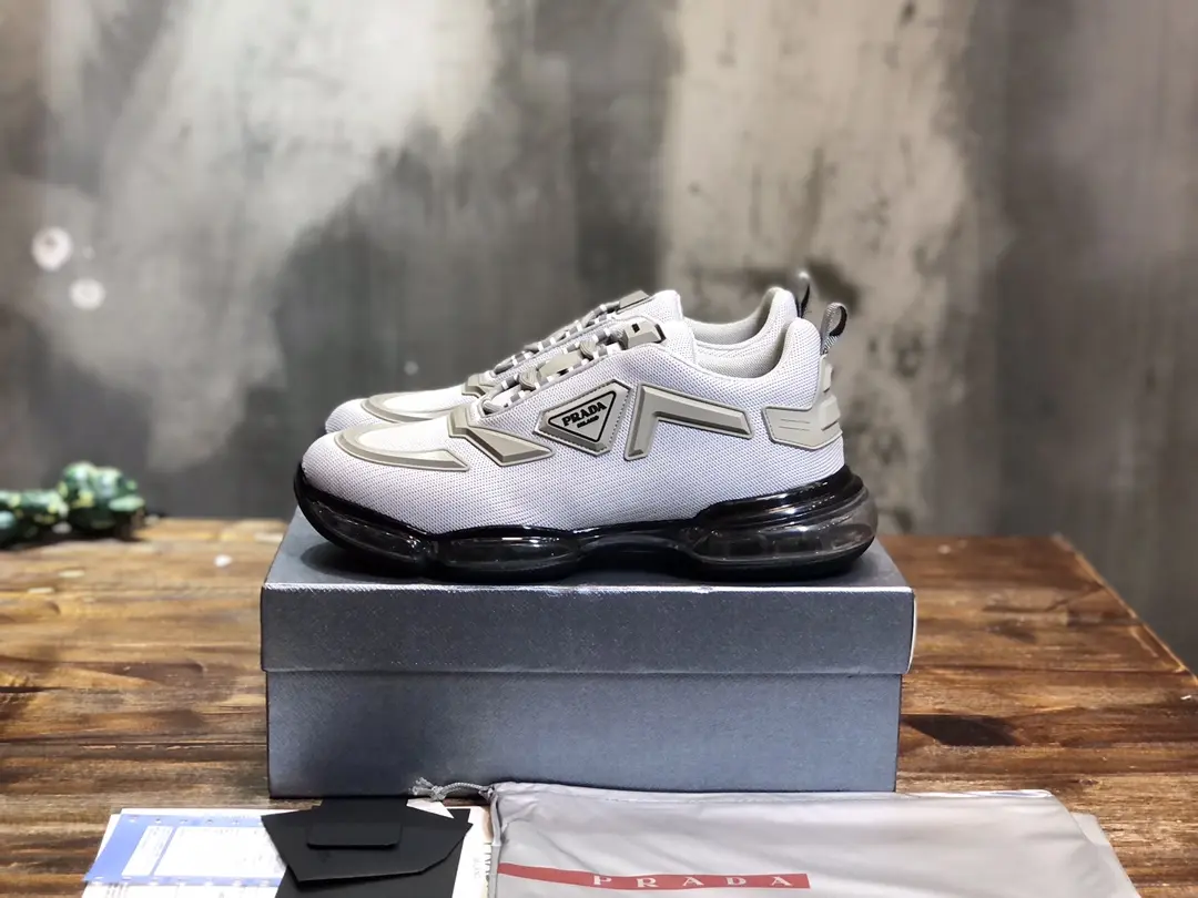 Prada  Cushion Sneakers – White Silver, Men’s Athletic Style, Replica Prada Shoes, High Quality Replica, Sizes 38- SoftTouch 203