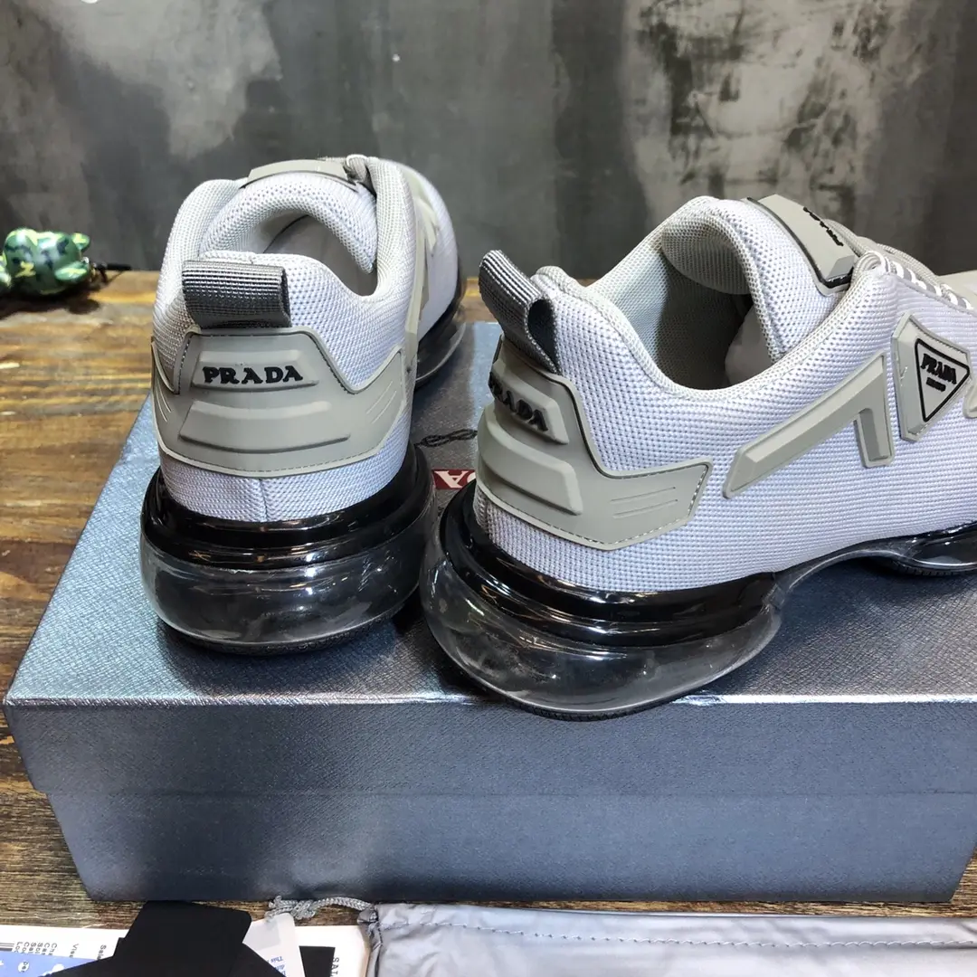 Prada  Cushion Sneakers – White Silver, Men’s Athletic Style, Replica Prada Shoes, High Quality Replica, Sizes 38- SoftTouch 203