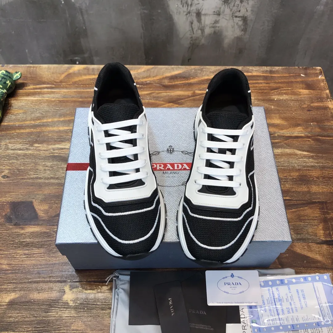 Cozy Prada Men’s 2022 Top Quality Sneakers – Black and White Knit Style, 1:1 Replica Sneakers, High Quality Prada Replica, Sizes 38- 168