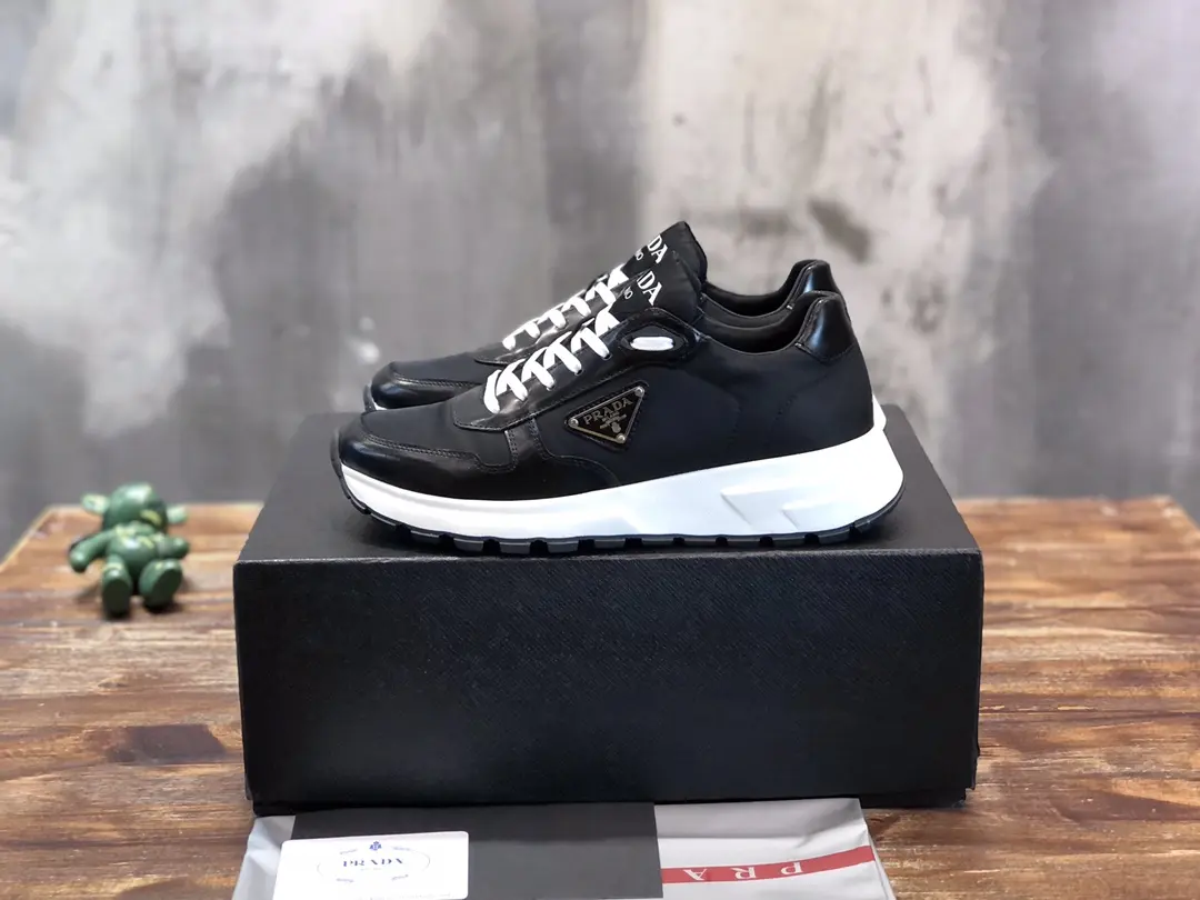 Prada Men’s Casual Sneakers – Black and White, Waterproof Fabric,  Leather Lining, Replica Prada Shoes, High Quality Sneakers, Sizes 38-44 (Custom 45 Non-Returnable Affordable 200