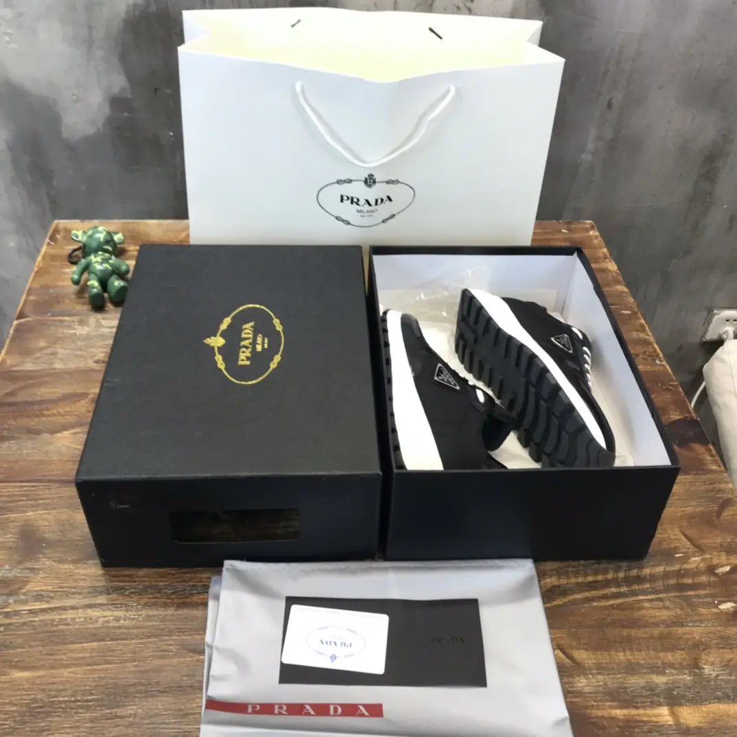 Prada Men’s Casual Sneakers – Black and White, Waterproof Fabric,  Leather Lining, Replica Prada Shoes, High Quality Sneakers, Sizes 38-44 (Custom 45 Non-Returnable Affordable 200