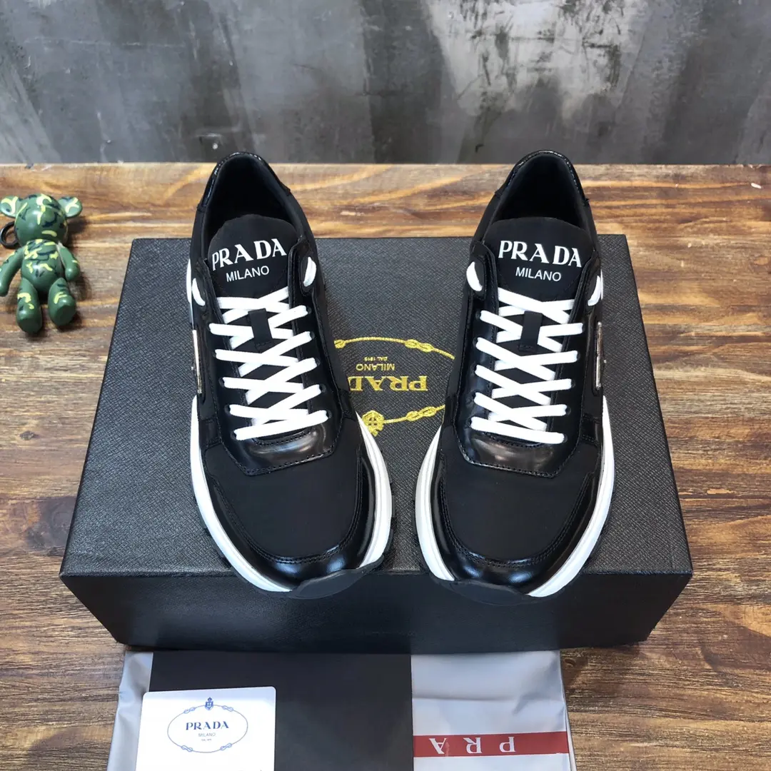 Prada Men’s Casual Sneakers – Black and White, Waterproof Fabric,  Leather Lining, Replica Prada Shoes, High Quality Sneakers, Sizes 38-44 (Custom 45 Non-Returnable Affordable 200